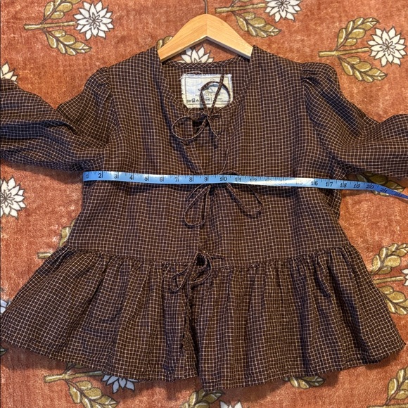 notPERFECTlinen Lourdes Top Chocolate Check S/M Women's Top - Picture 3 of 7